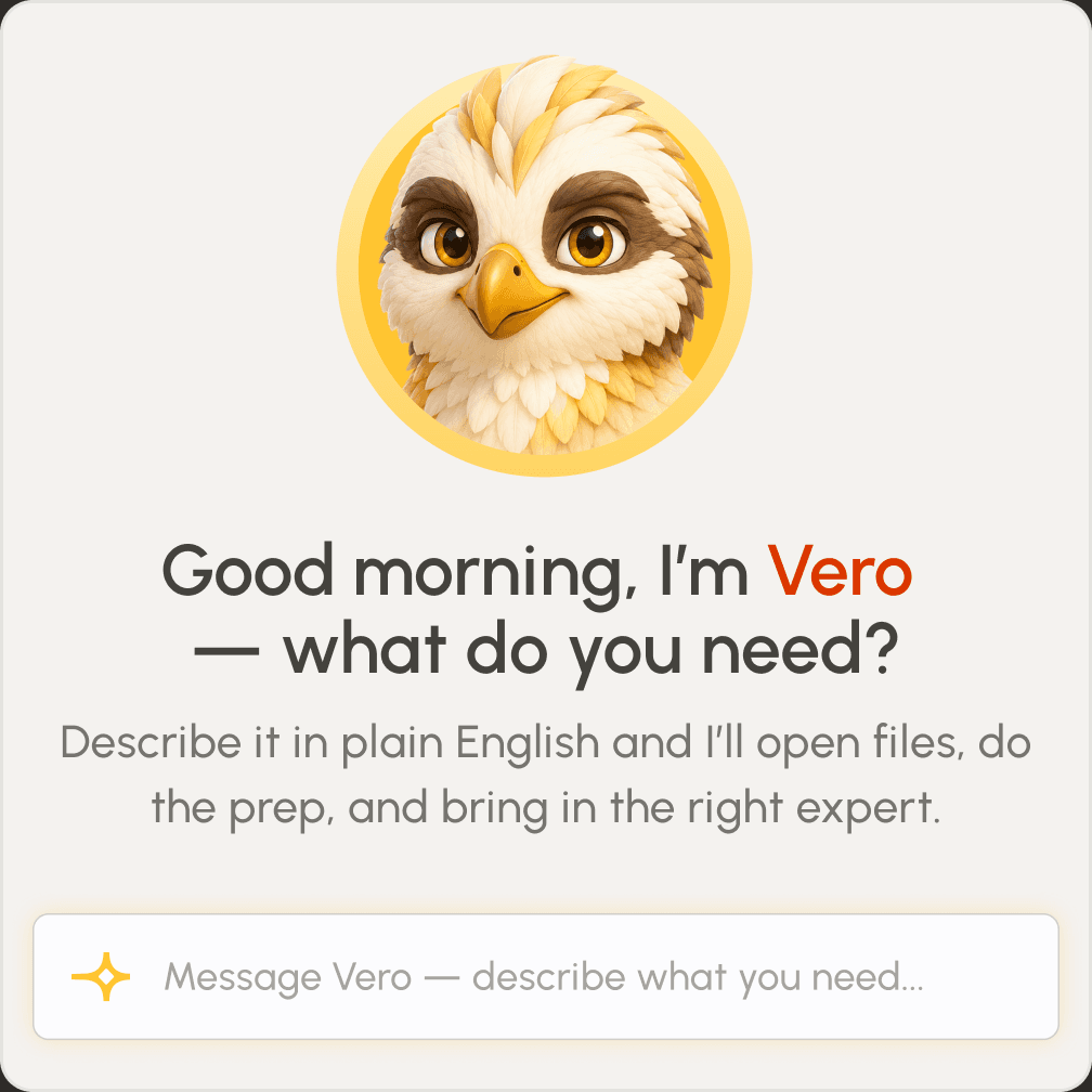 Step 1 — Vero, the Vistera assistant, asks what you need so you can describe it in plain English.