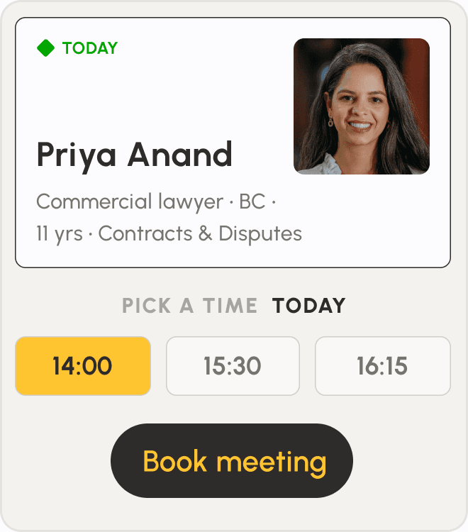 Booking card for a senior commercial lawyer with same-day time slots and a Book meeting button.