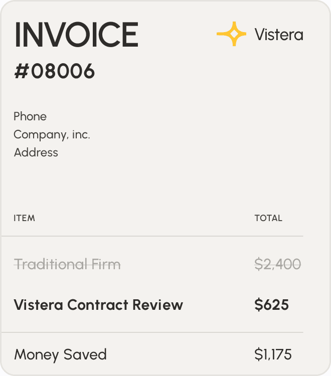Invoice comparing a traditional firm's $2,400 to Vistera's $625 contract review — $1,175 saved.