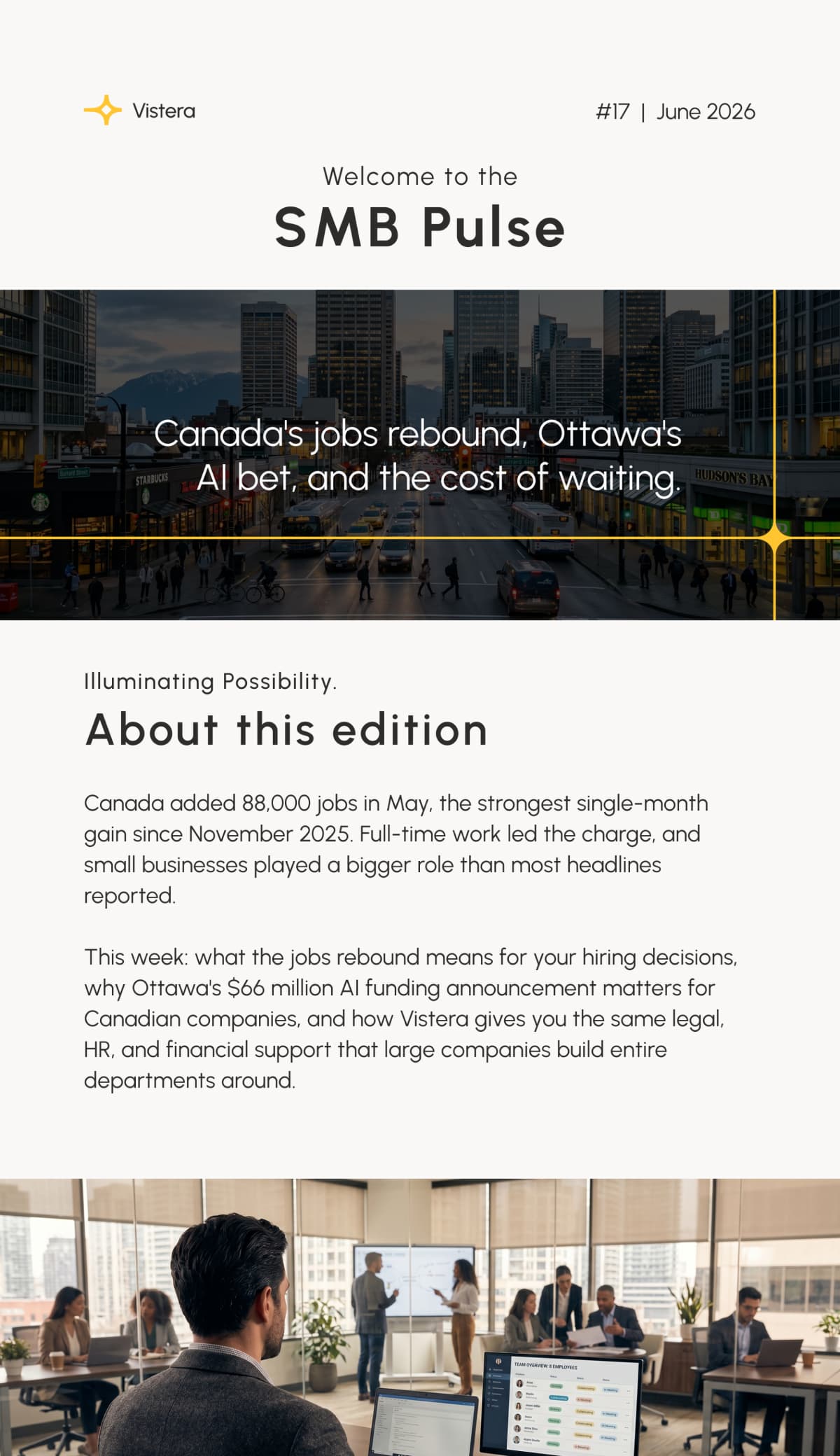 Vistera SMB Pulse newsletter issue 17, June 2026, headlined "Canada's jobs rebound, Ottawa's AI bet, and the cost of waiting," over a city street photo, with an "About this edition" section and a photo of an office team working.