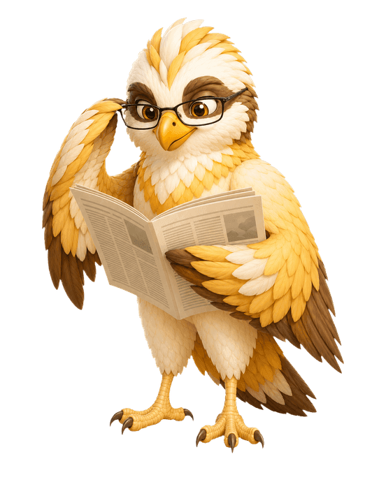 Vero, the Vistera mascot — a bespectacled owl reading a newspaper.