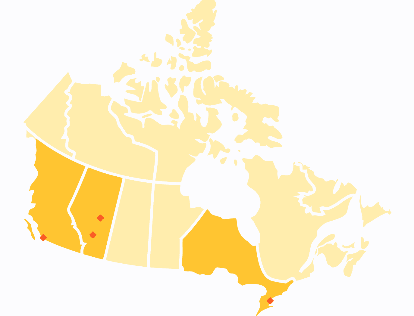 Map of Canada highlighting British Columbia, Alberta, and Ontario