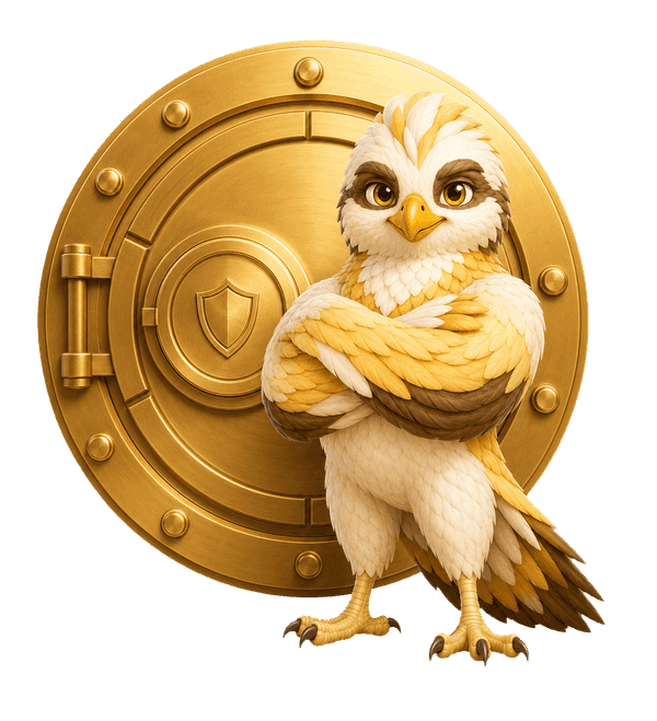 Vero, the Vistera mascot — a horned owl standing arms-crossed in front of a golden bank vault.